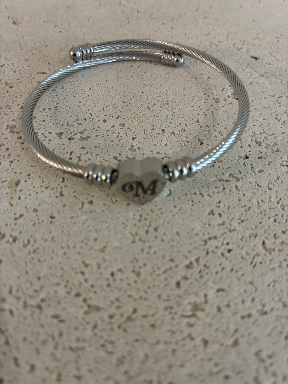 Silver tone Heart Cable Bangle Bracelet - Initial M Accent like new
